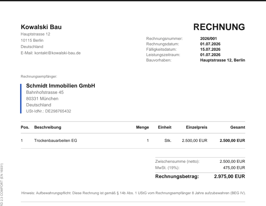 Niemiecka faktura wystawiona przez aplikację: Rechnung 2026/001 dla Schmidt Immobilien GmbH na 2.975,00 EUR